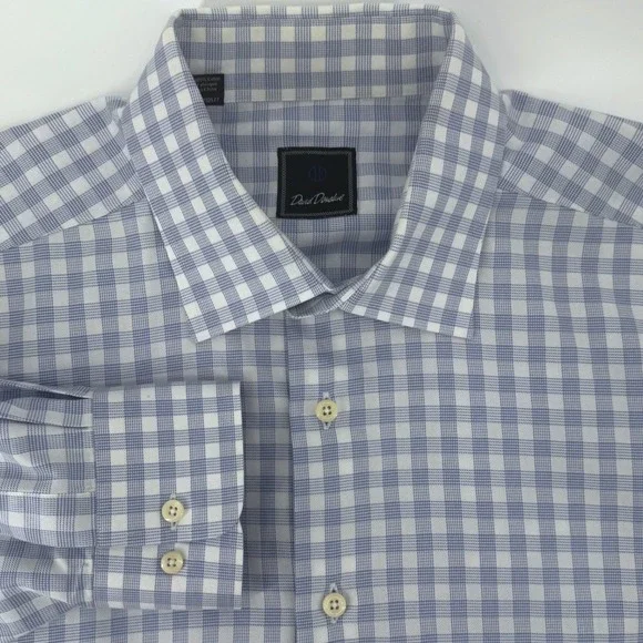 David Donahue Mens 17.5 34/35 Blue White Gingham Cotton Dress Shirt Plaid L/S - Picture 1 of 8
